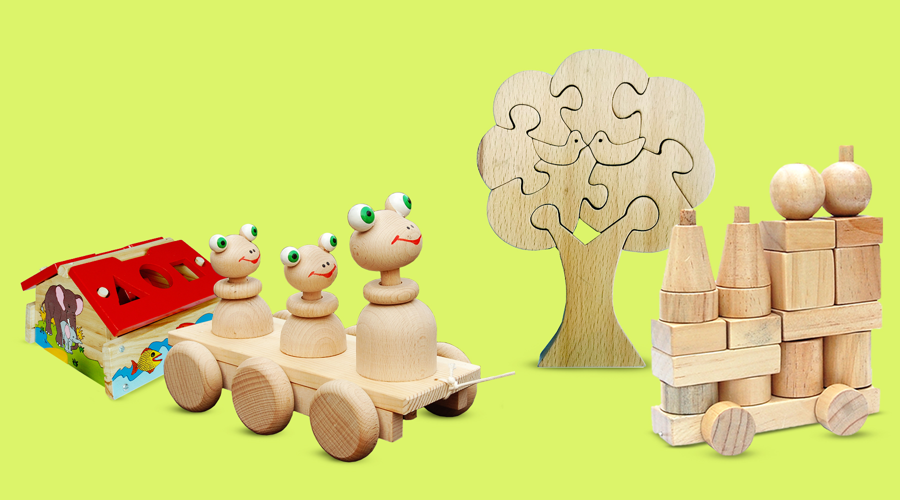 Photo of some beautiful wooden toys, wooden tree and some pulling toys.