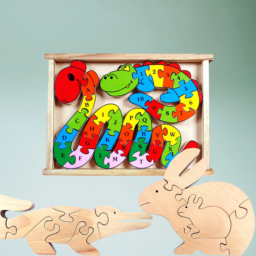 A wooden puzzle with a snake and a rabbit. A fun challenge to solve and enjoy for all ages!
