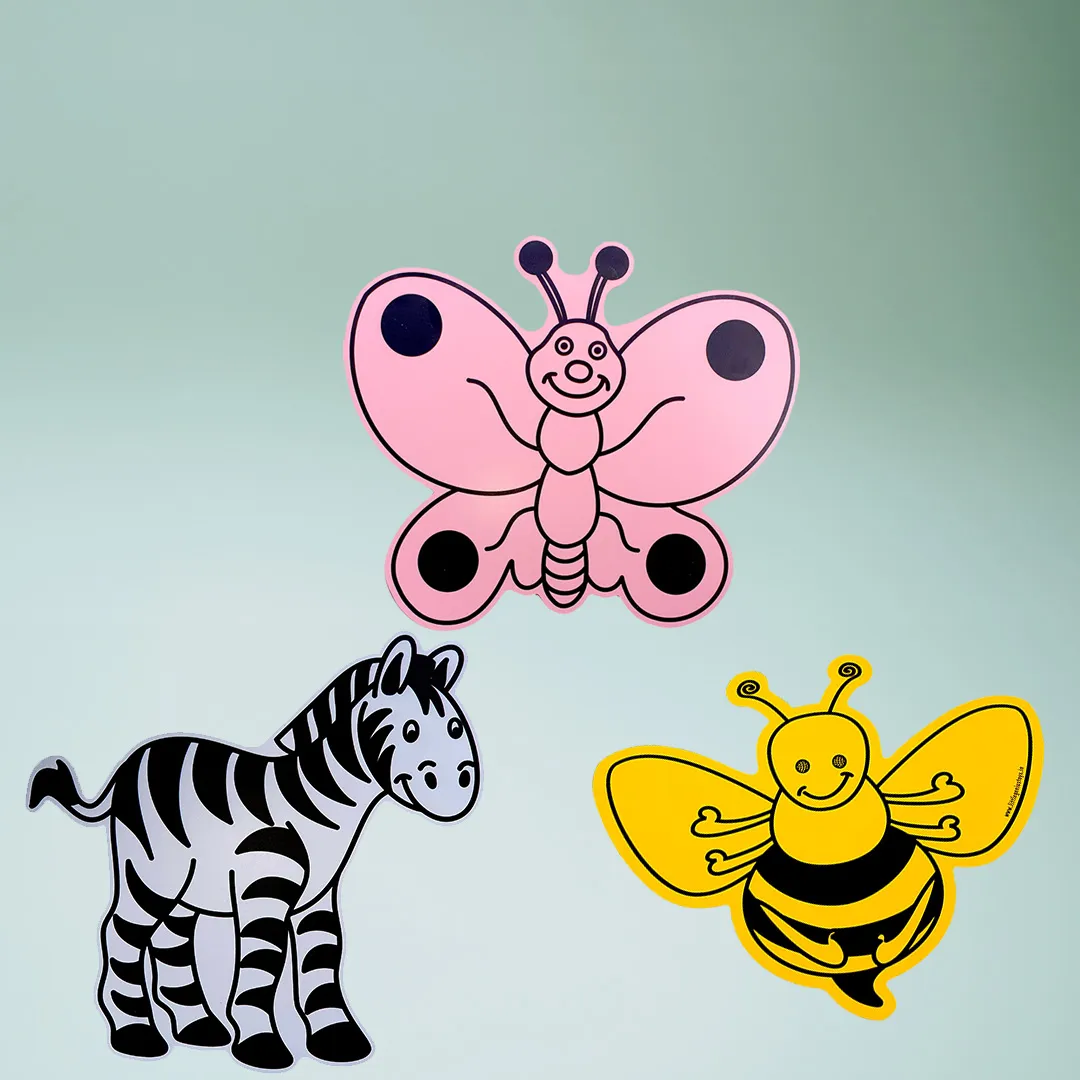 A stickers of zebra standing next to a butterfly and a bee.